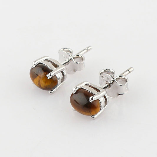 Real Tiger Eye Crystal Studs Earring Pair with Push Backs, Natural Gemstone, Birthstone, Cabochon Oval Crystal, Healing Stone, Gift for Women, 925