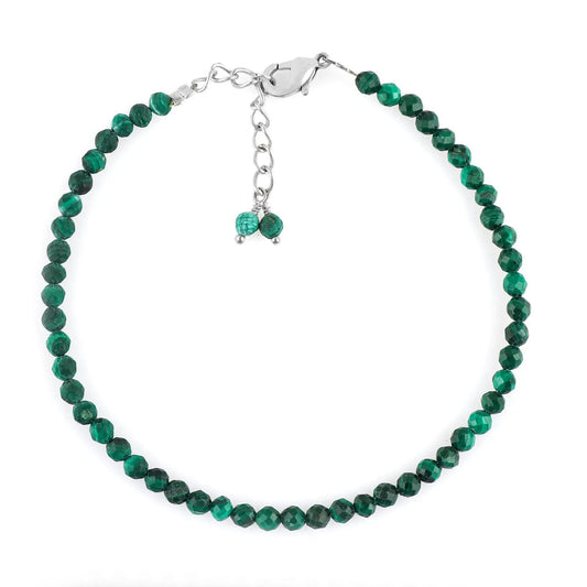 Natural malachite green bracelet showing banded stone pattern detail ā micro faceted green malachite beads close-up ā handcrafted healing crystal bracelet