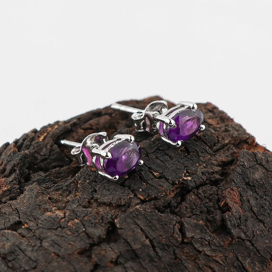 Natural Amethyst Crystal Oval Shape Brilliant Cut Gemstone Stud Earrings Armonia Gems