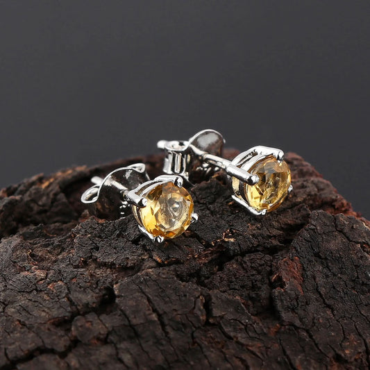 Natural citrine round stud earrings in 925 sterling silver ā front view AA+ quality