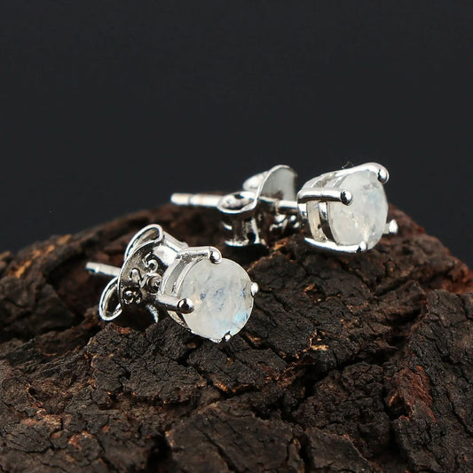 Natural Moonstone Round Stud Earrings | 5x5mm Brilliant Cut | 925 Sterling Silver | AA+ Quality Armonia Gems