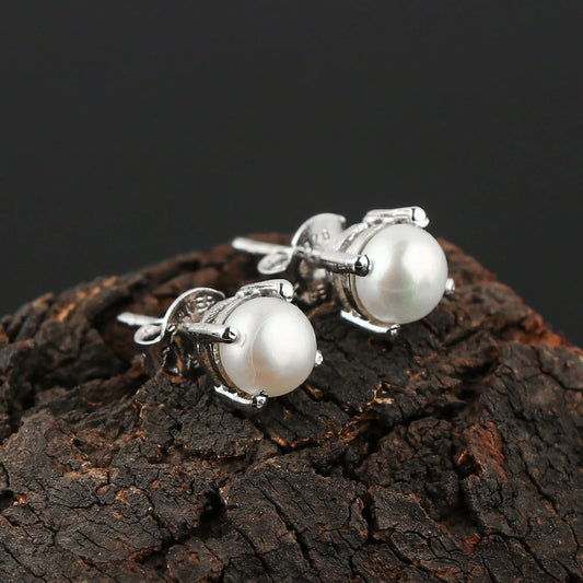 Natural Pearl Round Stud Earrings for women in Cabochon Cut (6x6 mm) | 925 Sterling Silver | AA++ Quality Armonia Gems