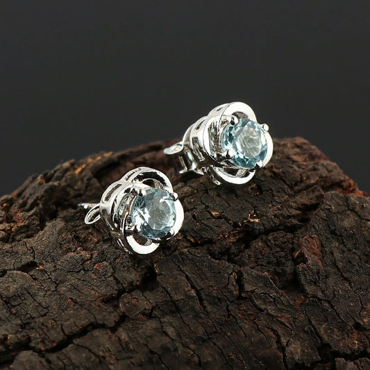 Natural Sky Blue Topaz Crystals Round Shape Stud Earring For Women, Chakra Energy Healing Gemstone, Real Crystal, Birthstone, Beautiful Women Simple Christmas Gift Jewelry Armonia Gems