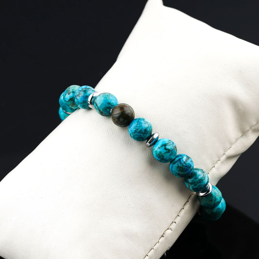 Blue Turquoise Bracelet 8mm Natural Stone | Unisex 925 Silver Stretch Band