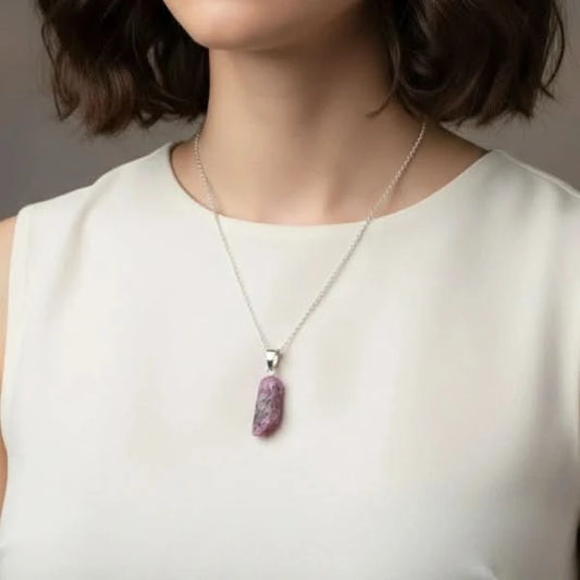 Natural Pink Red Raw Ruby Crystal Pendant Necklace