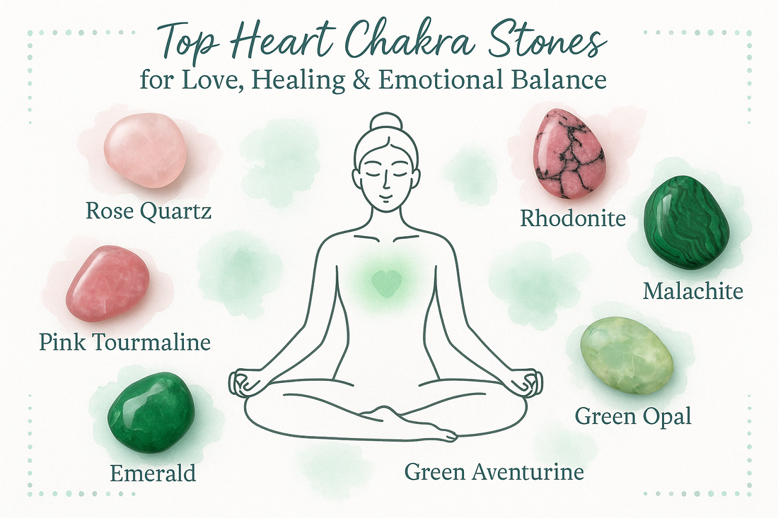 Heart Chakra healing crystals including Rose Quartz, Green Aventurine, Rhodonite, Malachite, Pink Tourmaline and other stones arranged around a meditating woman illustration, symbolizing love, emotional healing and balance.