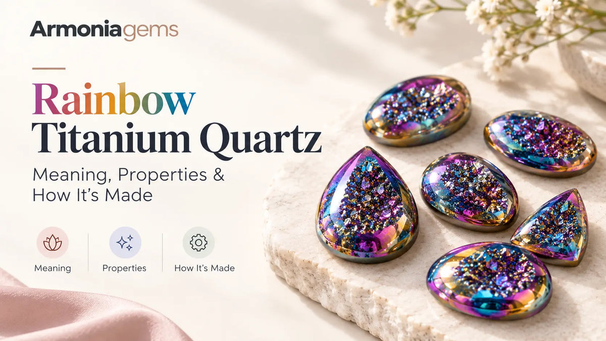 Rainbow titanium quartz cabochons in purple, rose gold, platinum and blue colors