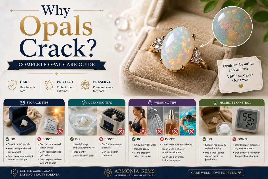 Why Opals Crack? Complete Opal Care Guide hero image featuring a natural White Ethiopian Opal with storage, cleaning, humidity, and care tips to prevent cracks and maintain its brilliance.
