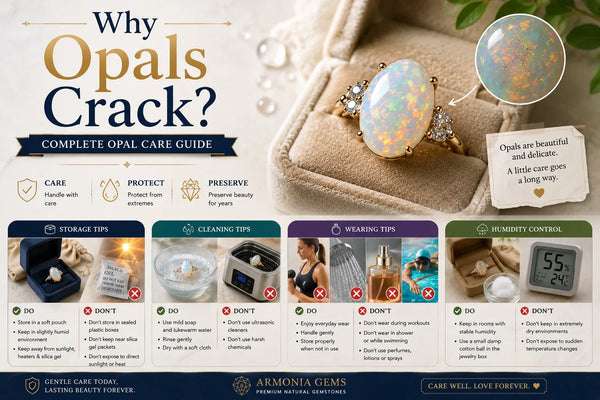 Why Opals Crack? Complete Opal Care Guide hero image featuring a natural White Ethiopian Opal with storage, cleaning, humidity, and care tips to prevent cracks and maintain its brilliance.
