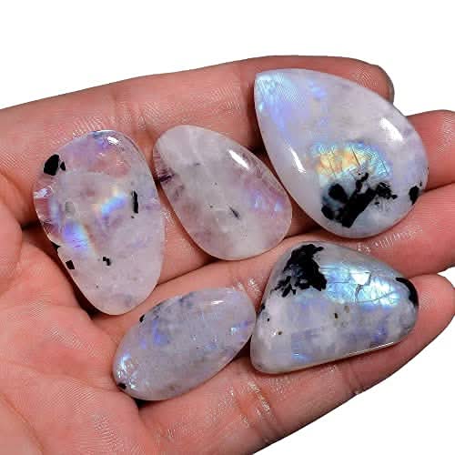 4 to 5pcs Natural Tourmilated Rainbow Moonstone Crystal Wholesale Lot, June Birthstone, Cabochon Gemstone, Jewelry Making Supplies, Blue Sheen, Natural Mineral, Chakra Healing