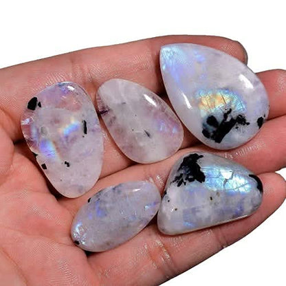 4 to 5pcs Natural Tourmilated Rainbow Moonstone Crystal Wholesale Lot, June Birthstone, Cabochon Gemstone, Jewelry Making Supplies, Blue Sheen, Natural Mineral, Chakra Healing