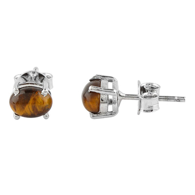 Real Tiger Eye Crystal Studs Earring Pair with Push Backs, Natural Gemstone, Birthstone, Cabochon Oval Crystal, Healing Stone, Gift for Women, 925