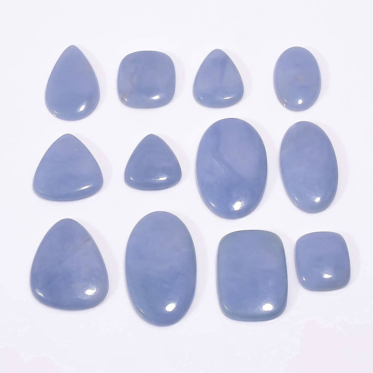 Natural angelite gemstone cabochons mixed shapes oval teardrop round – individual pieces detail