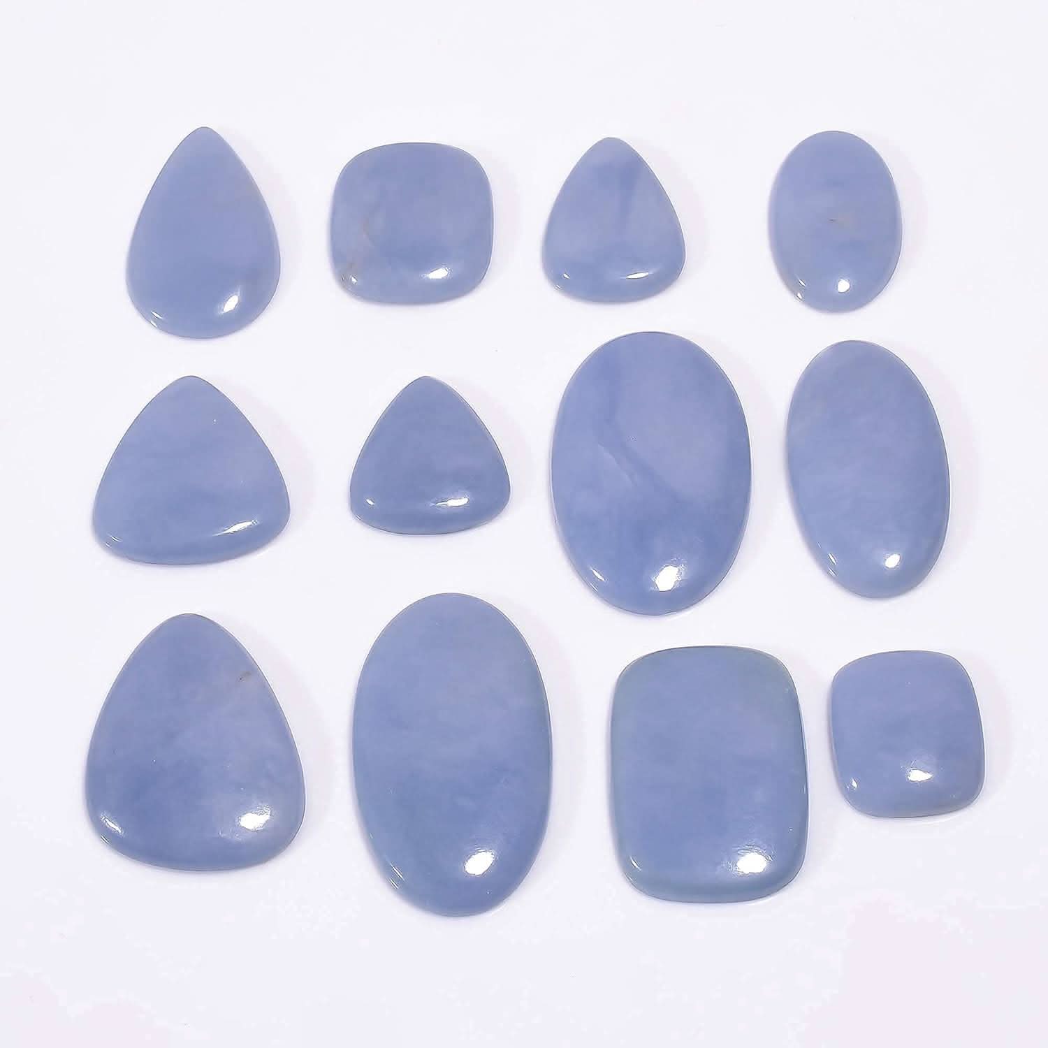 Natural angelite gemstone cabochons mixed shapes oval teardrop round – individual pieces detail