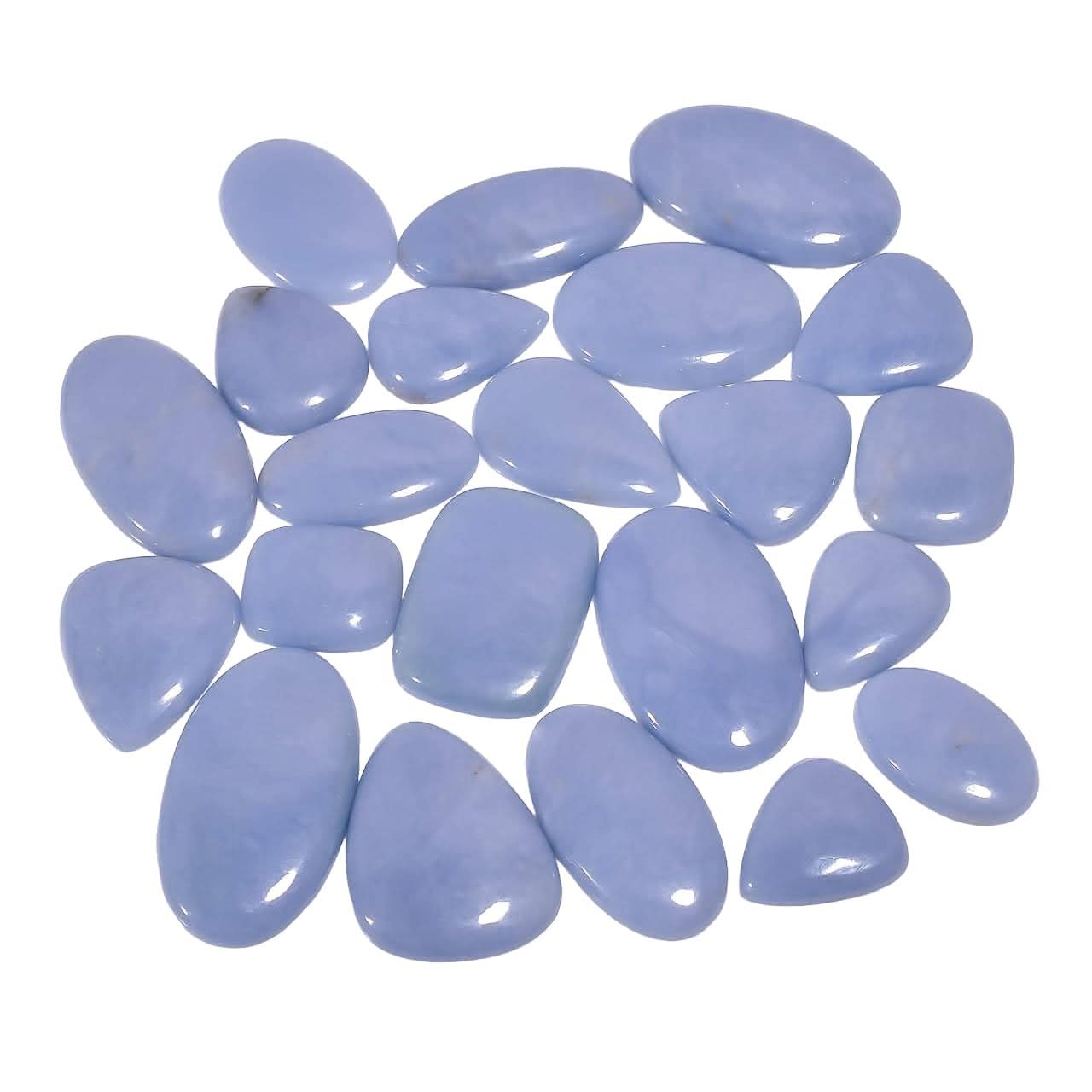 100ct natural angelite cabochon wholesale lot mixed shapes lavender blue – full lot view Peru origin