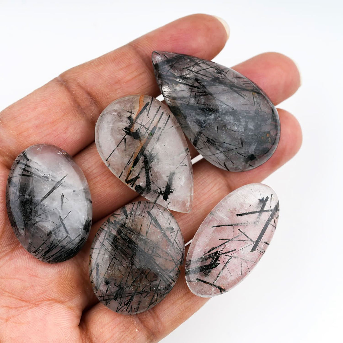 [25-35mm] (3-4 pcs.) Black Rutile Quartz Mix Shape Gemstones Cabochons ...