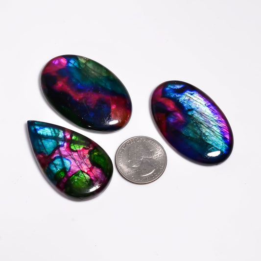 [40-50mm] [3pcs] Large Rainbow Pattern Labradorite Gemstones Cabochons, Jewelry Making Loose Gemstone, Polished Gems, DIY, Wire Wrapping, Reiki, Wikka, Healing Crystals, Bulk Gemstone Deal