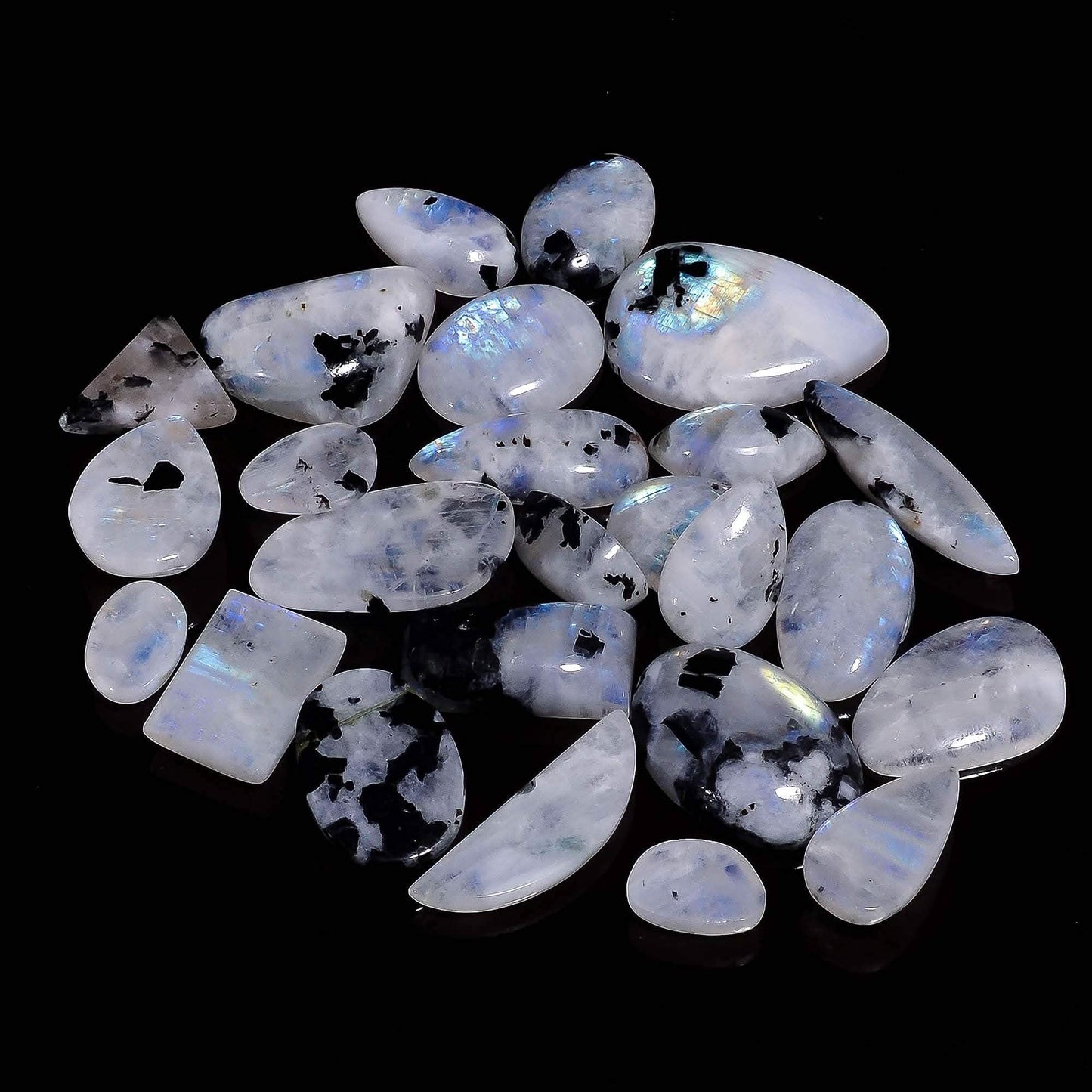 4 to 5pcs Natural Tourmilated Rainbow Moonstone Crystal Wholesale Lot, June Birthstone, Cabochon Gemstone, Jewelry Making Supplies, Blue Sheen, Natural Mineral, Chakra Healing