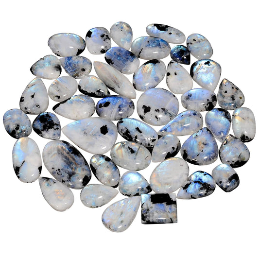 4 to 5pcs Natural Tourmilated Rainbow Moonstone Crystal Wholesale Lot, June Birthstone, Cabochon Gemstone, Jewelry Making Supplies, Blue Sheen, Natural Mineral, Chakra Healing