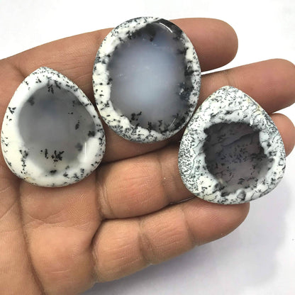 Wholesale dendrite opal stones 20–35mm held in hand – size reference black white pattern
