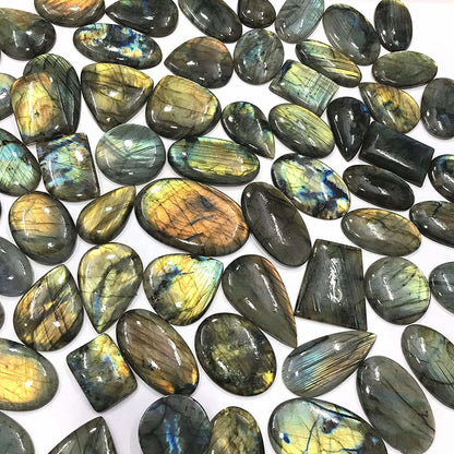 Natural labradorite gemstone cabochons showing vivid blue green gold labradorescence – individual pieces