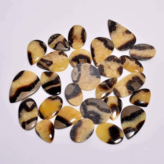 Raw septarian cabochon with brown and yellow calcite pattern AAA quality