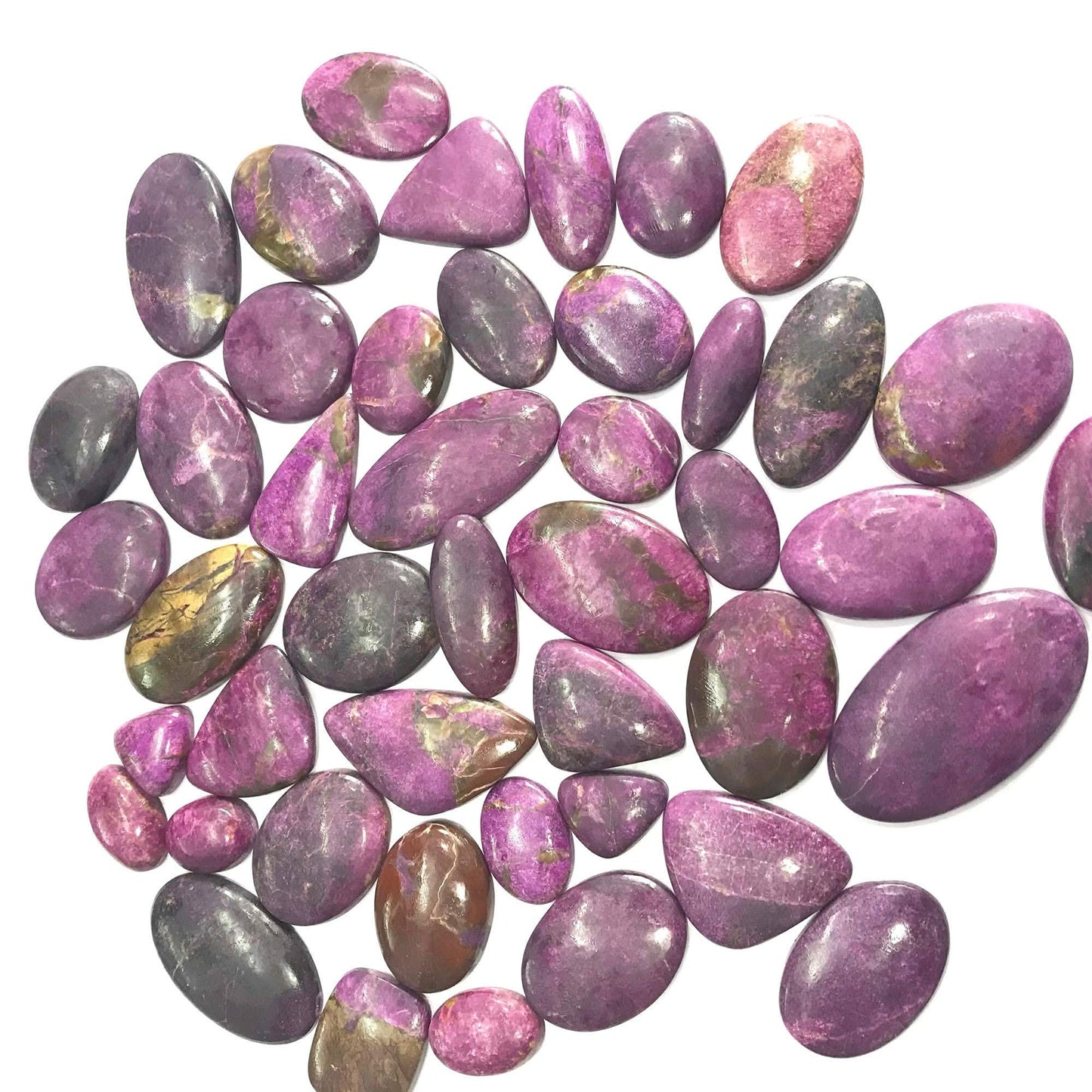 100ct natural purpurite cabochon wholesale lot 4-6pcs – deep purple magenta mixed shapes full lot view