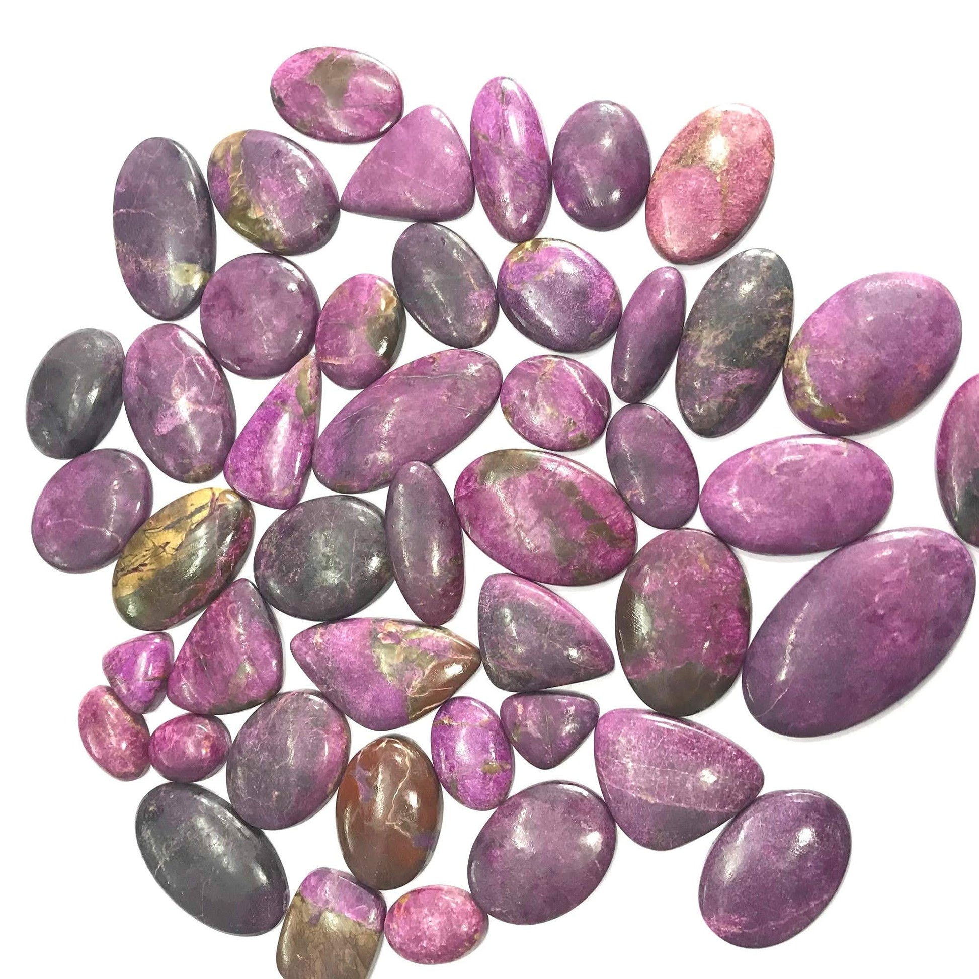 100ct natural purpurite cabochon wholesale lot 4-6pcs – deep purple magenta mixed shapes full lot view