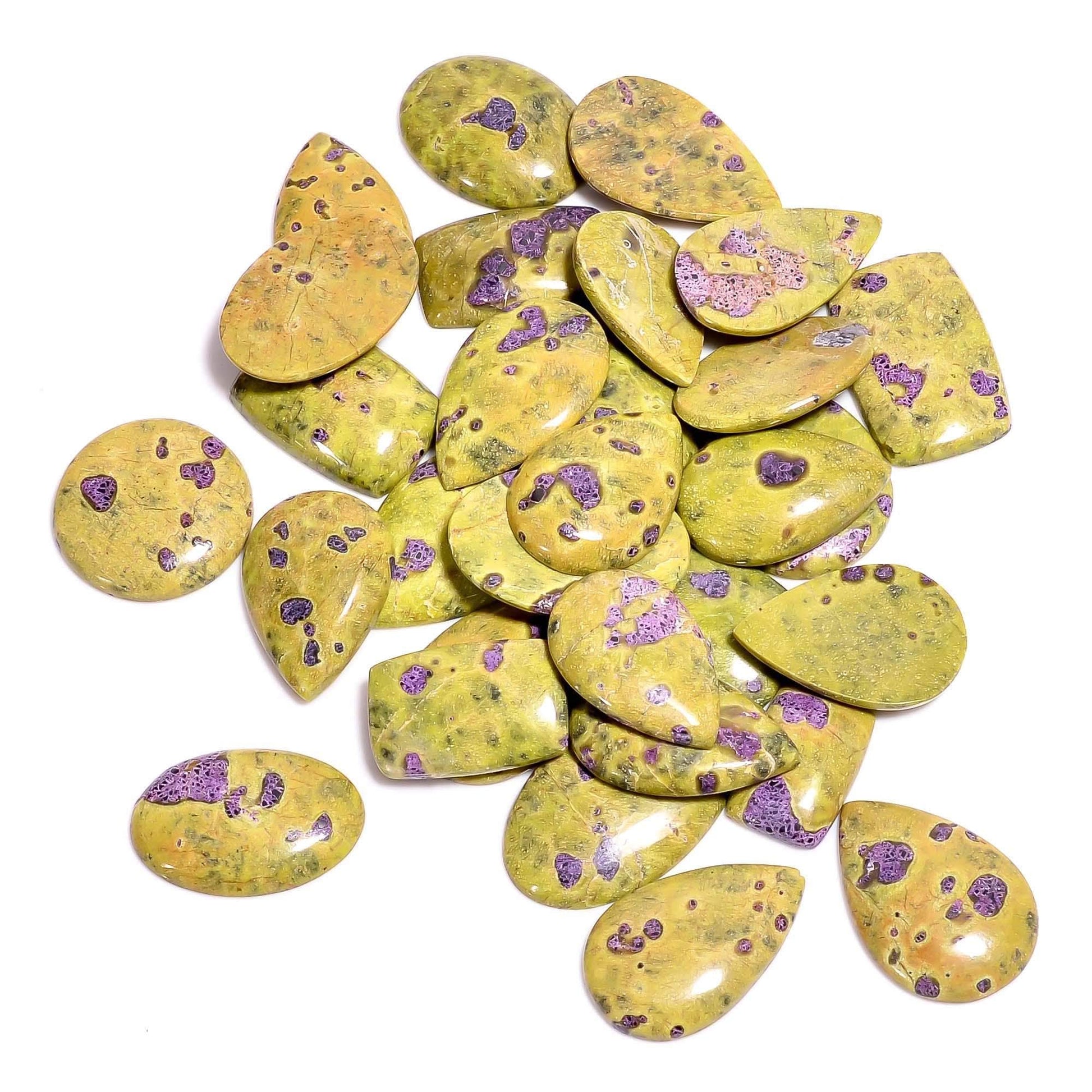 100ct natural atlantisite stichtite cabochon wholesale lot 5pcs mixed shapes – yellow green serpentine with purple stichtite spots Australia origin