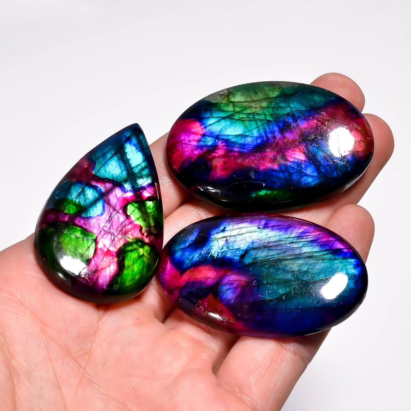 [40-50mm] [3pcs] Large Rainbow Pattern Labradorite Gemstones Cabochons, Jewelry Making Loose Gemstone, Polished Gems, DIY, Wire Wrapping, Reiki, Wikka, Healing Crystals, Bulk Gemstone Deal