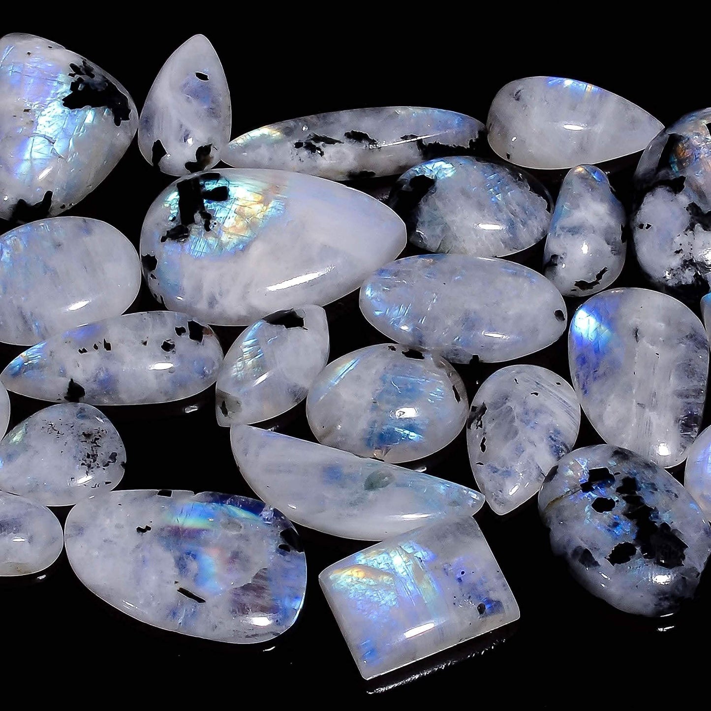 4 to 5pcs Natural Tourmilated Rainbow Moonstone Crystal Wholesale Lot, June Birthstone, Cabochon Gemstone, Jewelry Making Supplies, Blue Sheen, Natural Mineral, Chakra Healing
