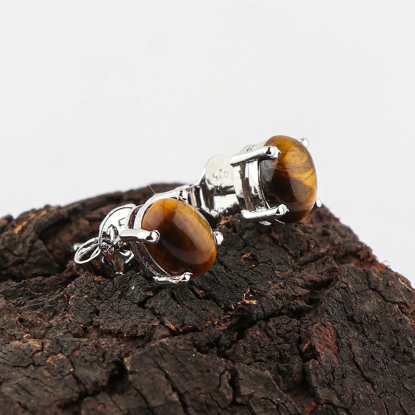 Real Tiger Eye Crystal Studs Earring Pair with Push Backs, Natural Gemstone, Birthstone, Cabochon Oval Crystal, Healing Stone, Gift for Women, 925