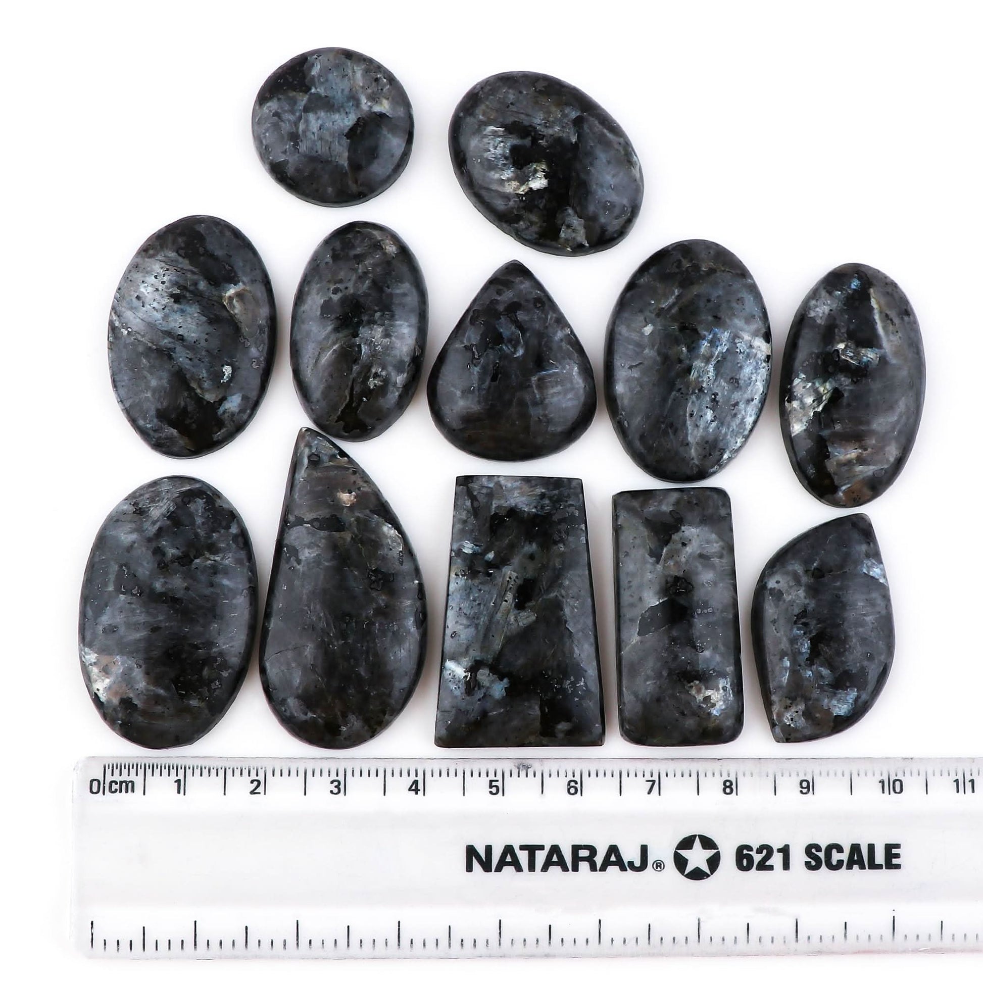 Larvikite stone size reference ruler – 20-35mm AAA quality polished cabochons