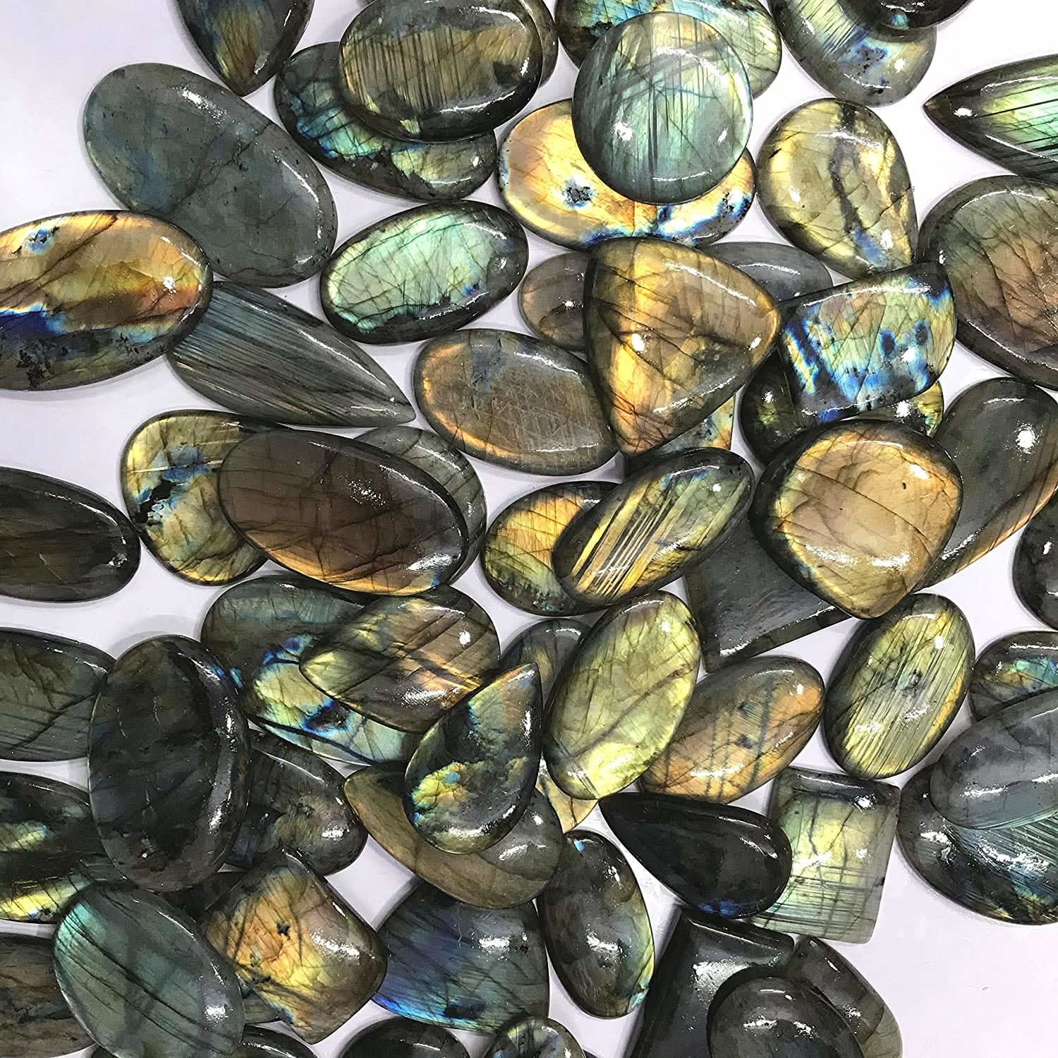 Wholesale labradorite spectrolite cabochon lot – gold orange blue flash mixed shapes flat back