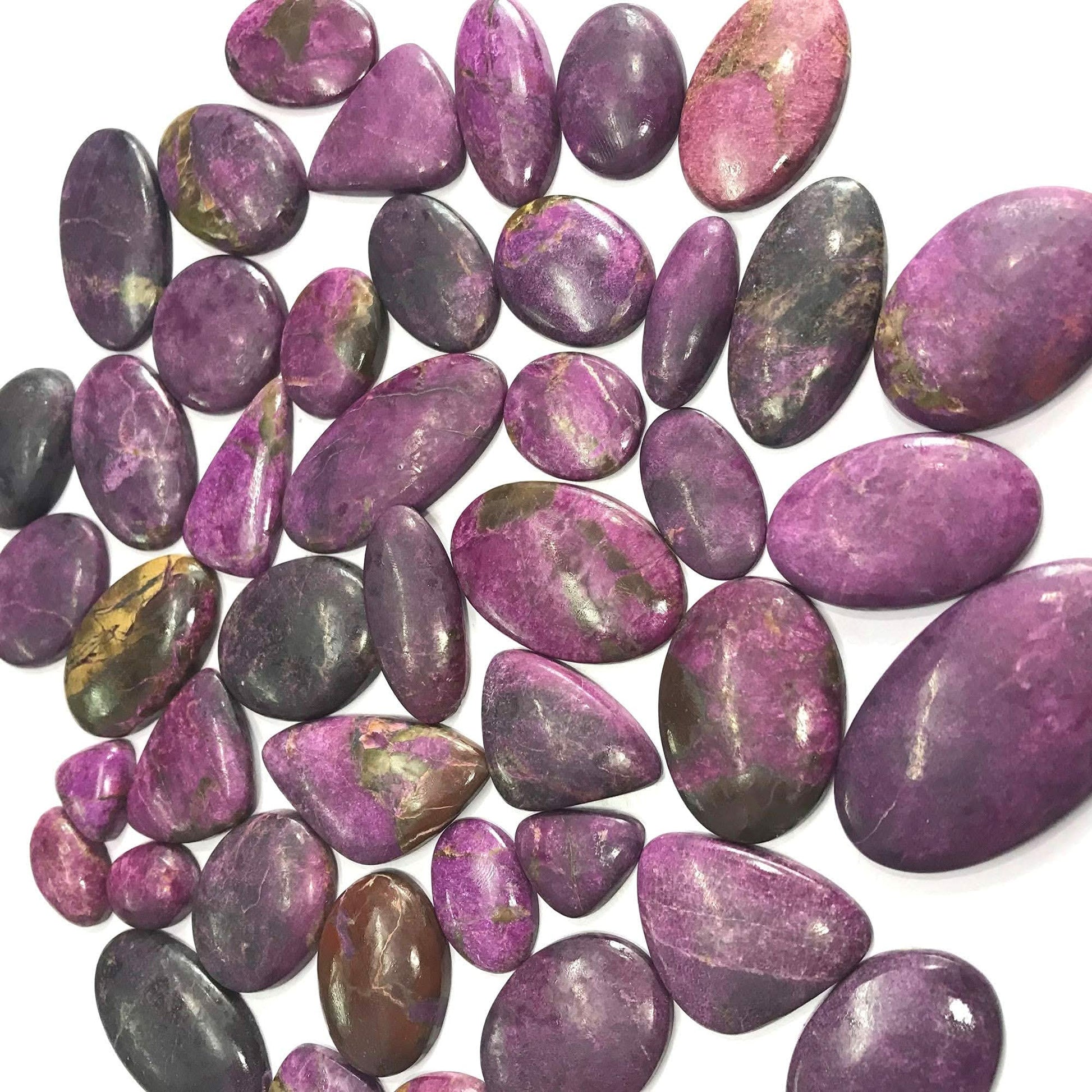 Purpurite stone cabochon lot polished flat back – deep magenta purple color mixed shapes close up