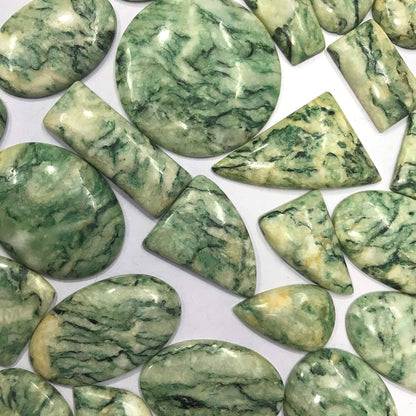 Natural Mariposite gemstone lot in teardrop oval and freeform mix shapes for jewelry making