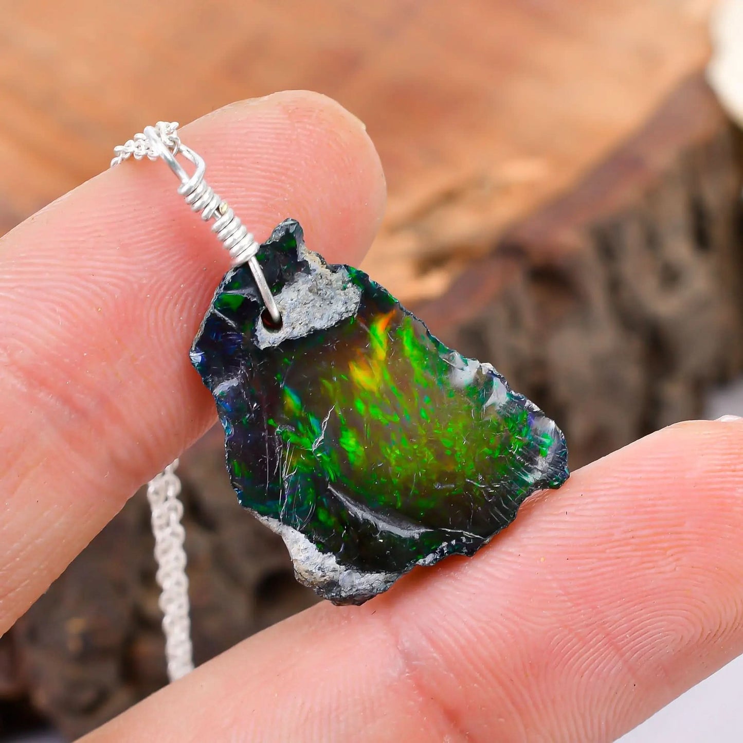 One-of-a-kind Black Raw Ethiopian Opal Pendant necklace Jewelry