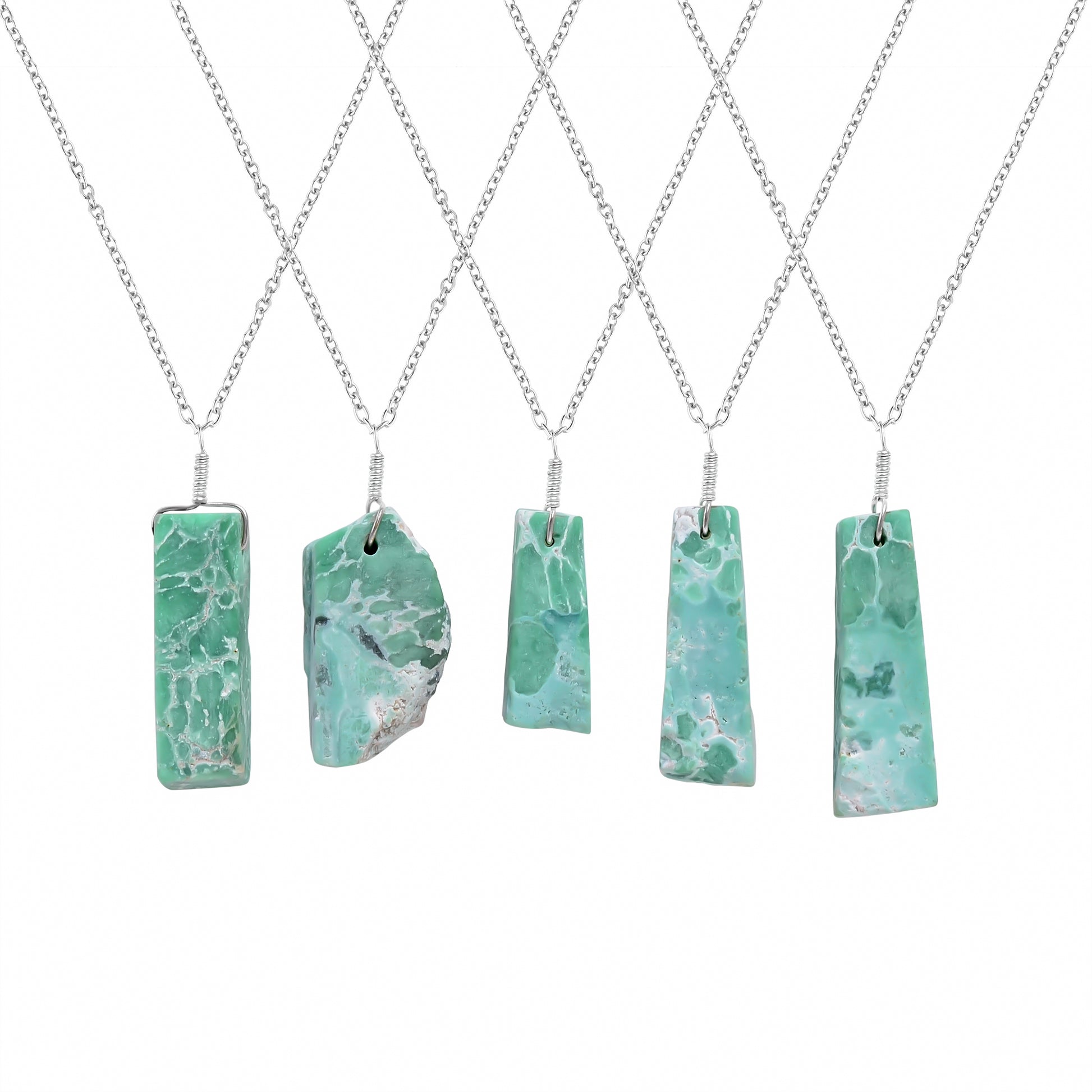 Natural variscite raw crystal bar pendant necklaces displayed in a row showing green gemstone patterns and silver-plated chains