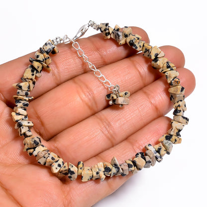 Natural Dalmatian Jasper Chips Nuggets Crystal Bracelet Women Jewelry, Raw Chips Nuggets Beaded Bracelets, 8 inch