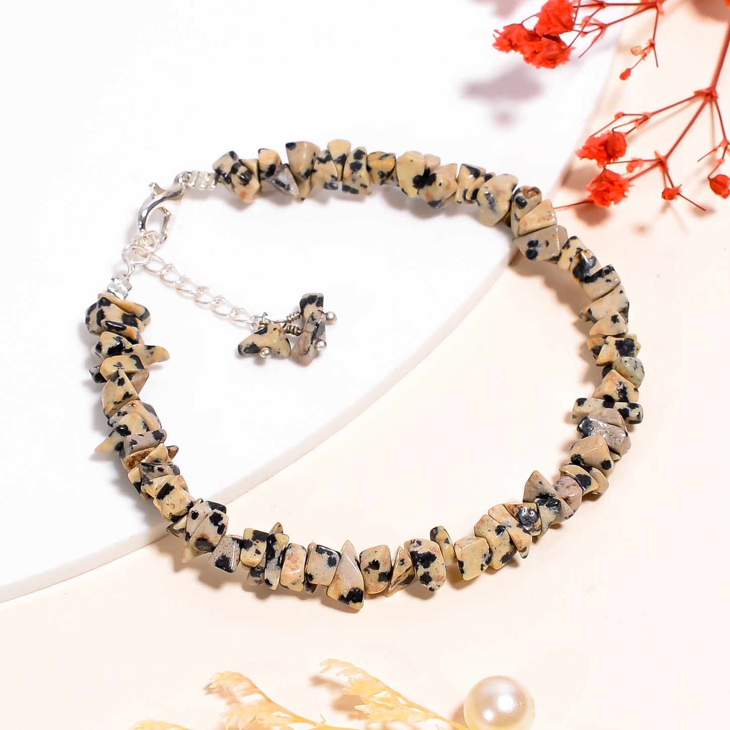Natural Dalmatian Jasper Chips Nuggets Crystal Bracelet Women Jewelry, Raw Chips Nuggets Beaded Bracelets, 8 inch