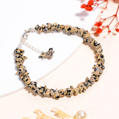 Natural Dalmatian Jasper Chips Nuggets Crystal Bracelet Women Jewelry, Raw Chips Nuggets Beaded Bracelets, 8 inch