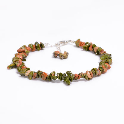Natural Unakite Chips Nuggets Crystal Bracelet Women Jewelry, Raw Chips Nuggets Beaded Bracelets, 8 inch
