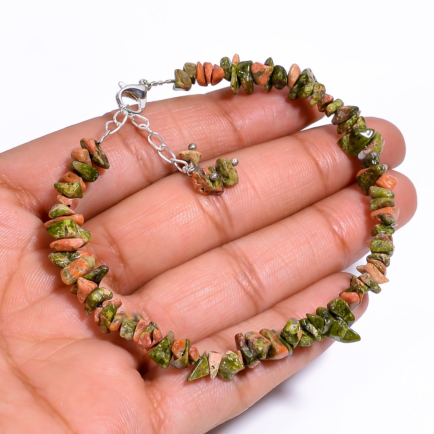 Natural Unakite Chips Nuggets Crystal Bracelet Women Jewelry, Raw Chips Nuggets Beaded Bracelets, 8 inch