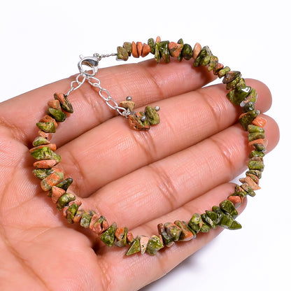 Natural Unakite Chips Nuggets Crystal Bracelet Women Jewelry, Raw Chips Nuggets Beaded Bracelets, 8 inch