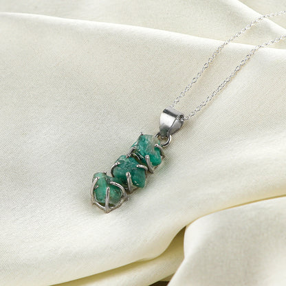 Dainty Emerald Raw Gemstone Necklace with Silver Plated Chain and Extender