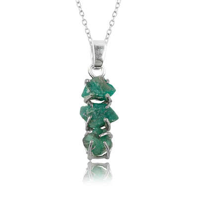 Green Emerald Pendant Necklace | Natural Raw Crystal | May Birthstone | Prong Style Silver Plated 18 Inch Chain (16 + 2 Inch Extender) | AA+ Quality Colombian Genuine Gemstone