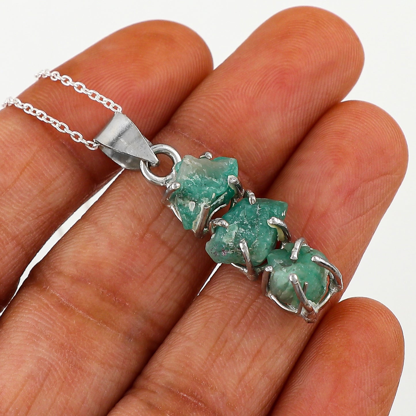May Birthstone Emerald Raw Crystal Pendant Necklace for Women
