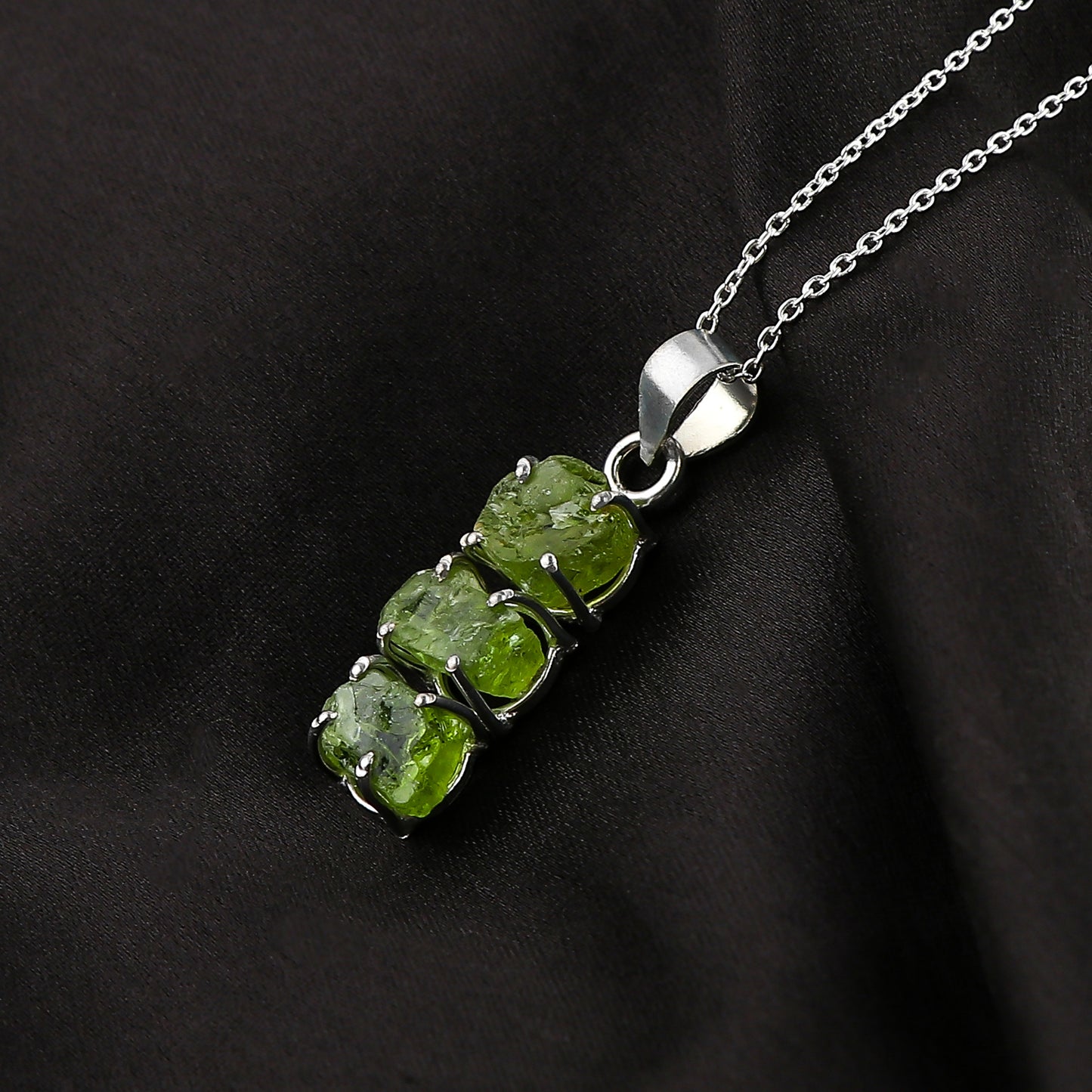 Dainty Raw Peridot Pendant Necklace in Silver Plated Brass for August Birthstone