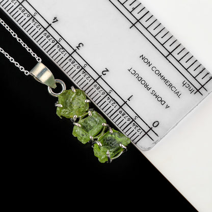 Natural Peridot Raw Crystal Pendant Necklace Silver Plated Brass 