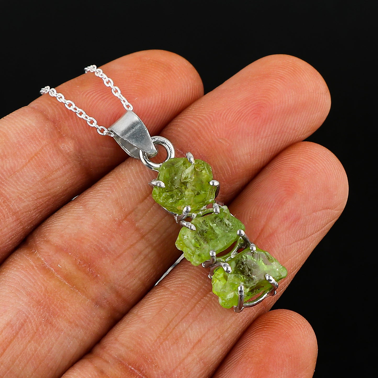 Silver Plated Raw Peridot Crystal Pendant Necklace for Energy Healing and Gifts